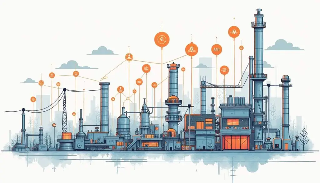 A futuristic cyber-physical plant featuring interconnected smart sensors monitoring various processes