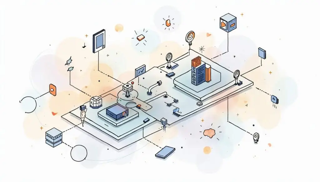 A complex cyber-physical system diagram that visually represents the integration of digital and physical components