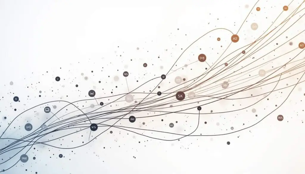 An interconnected network of abstract data nodes and metadata symbols