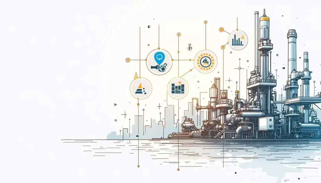 An industrial setting featuring advanced machinery and sensors interconnected through a digital network