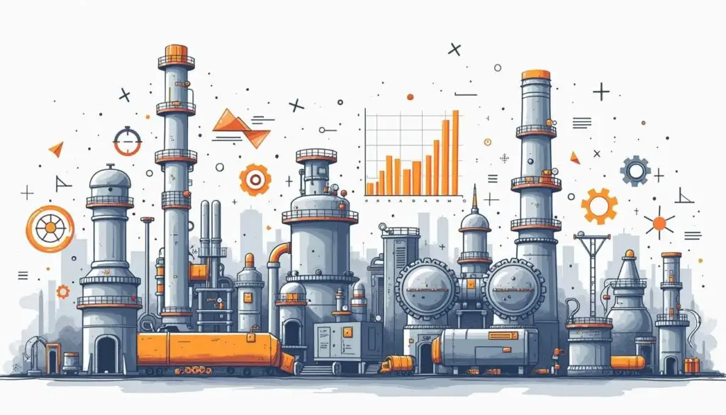 An industrial setting featuring advanced machinery and equipment with visual elements like graphs