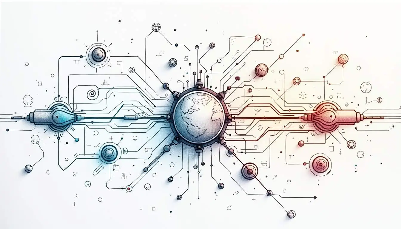 Draw an illustration of interconnected sensors and data streams merging into a central hub