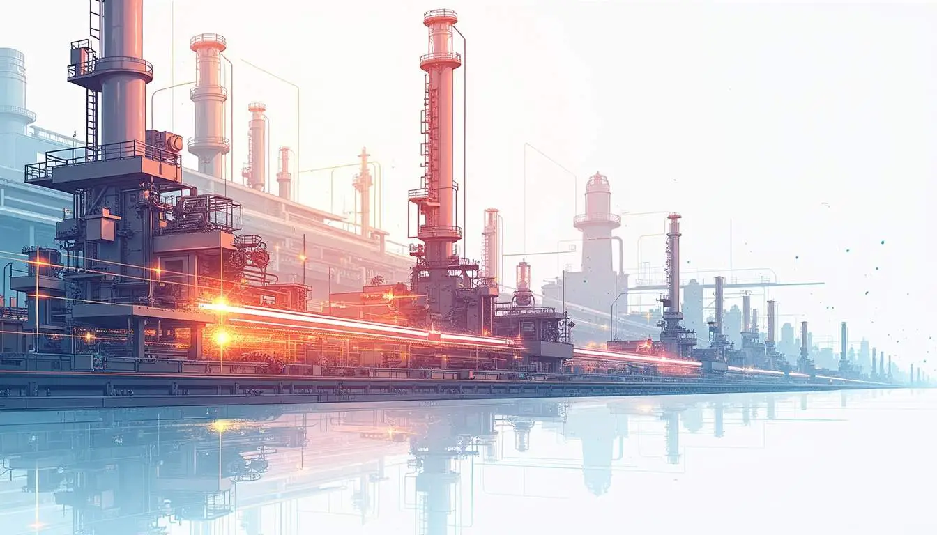 A futuristic factory environment showcasing interconnected machines and digital interfaces