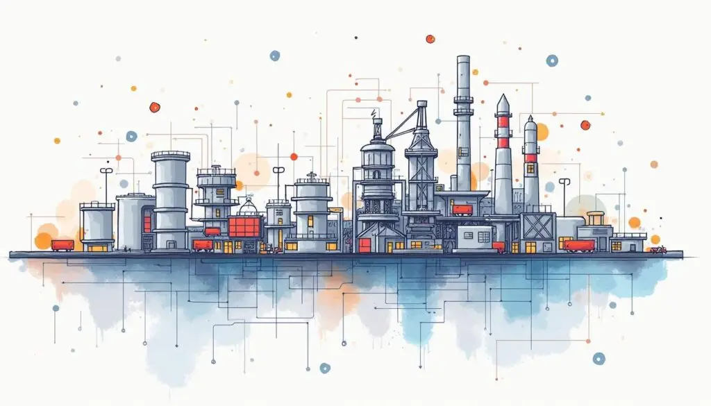 Draw an illustration of a modern cyber-physical plant