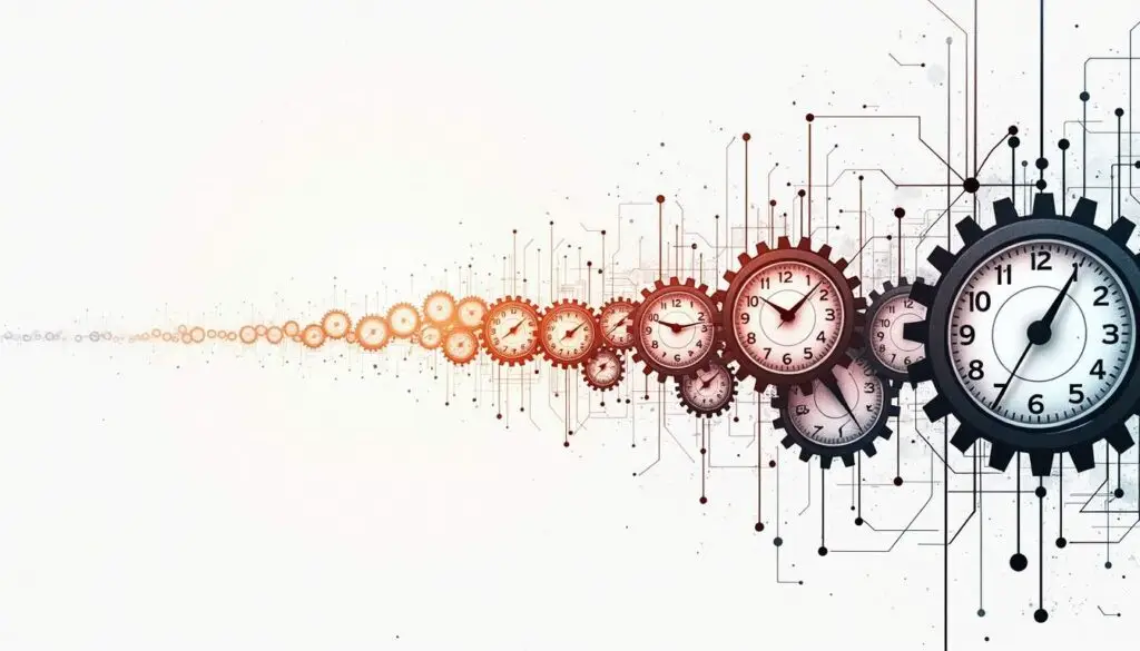 Draw an illustration of interconnected clock gears and digital signals flowing through a network